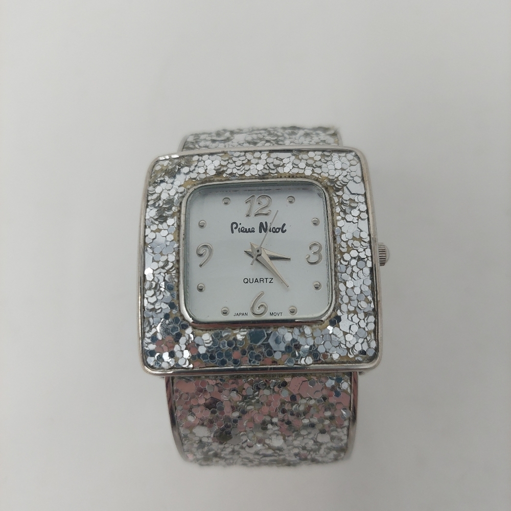 Pierre Nicol Silver Sequin Sparkly Watch Cuff Bracelet Square Face Glam Bling